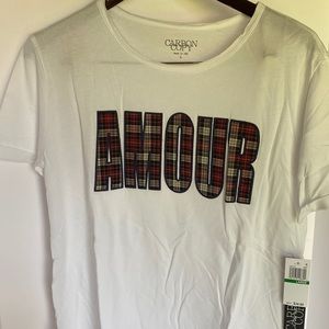 Raw edge neck with plaid letters on white lightweight t-shirt size L